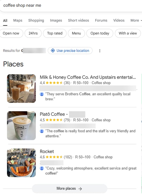 Example of a zero click search for local coffee shops, displaying results without clicks.